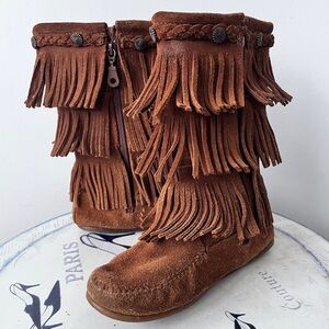 Minnetonka Brown Suede Boho Native Fringe Kids Boots Size 2 Girls
